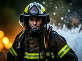 coraggioso maschio pompiere senza paura affronta il sfolgorante inferno ai generativo foto