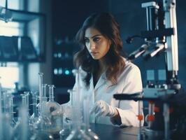 femmina scienziato conduzione esperimenti nel un' alto Tech laboratorio ai generativo foto
