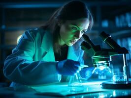 femmina scienziato conduzione esperimenti nel un' alto Tech laboratorio ai generativo foto