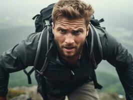 determinato uomo si arrampica un' ripido montagna pista ai generativo foto