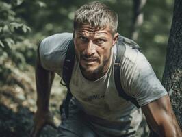 determinato uomo si arrampica un' ripido montagna pista ai generativo foto