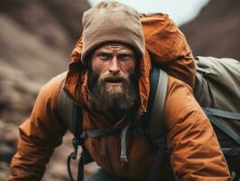 determinato uomo si arrampica un' ripido montagna pista ai generativo foto