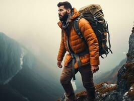 determinato uomo si arrampica un' ripido montagna pista ai generativo foto