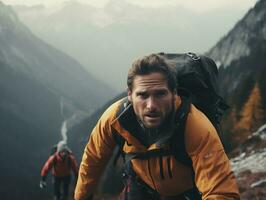 determinato uomo si arrampica un' ripido montagna pista ai generativo foto