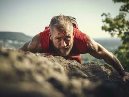 determinato uomo si arrampica un' ripido montagna pista ai generativo foto