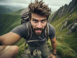 determinato uomo si arrampica un' ripido montagna pista ai generativo foto