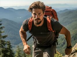 determinato uomo si arrampica un' ripido montagna pista ai generativo foto