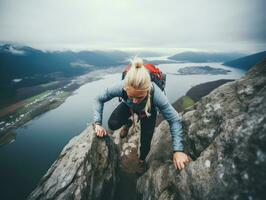 determinato donna si arrampica un' ripido montagna pista ai generativo foto