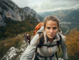 determinato donna si arrampica un' ripido montagna pista ai generativo foto