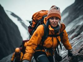 determinato donna si arrampica un' ripido montagna pista ai generativo foto