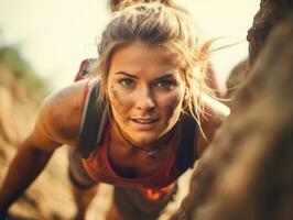 determinato donna si arrampica un' ripido montagna pista ai generativo foto