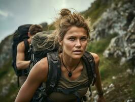 determinato donna si arrampica un' ripido montagna pista ai generativo foto