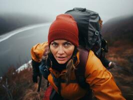 determinato donna si arrampica un' ripido montagna pista ai generativo foto