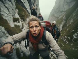 determinato donna si arrampica un' ripido montagna pista ai generativo foto