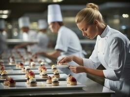 femmina capocuoco crea culinario capolavori nel un' vivace cucina ai generativo foto