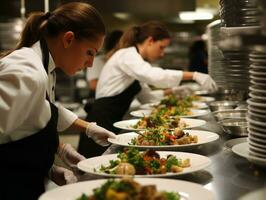 femmina capocuoco crea culinario capolavori nel un' vivace cucina ai generativo foto