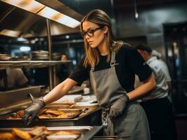 femmina capocuoco crea culinario capolavori nel un' vivace cucina ai generativo foto