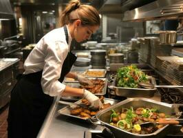 femmina capocuoco crea culinario capolavori nel un' vivace cucina ai generativo foto