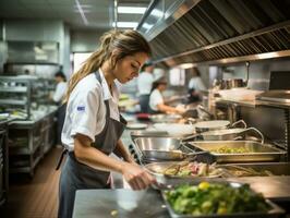 femmina capocuoco crea culinario capolavori nel un' vivace cucina ai generativo foto