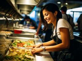 femmina capocuoco crea culinario capolavori nel un' vivace cucina ai generativo foto