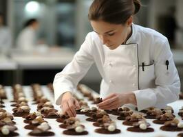 femmina capocuoco crea culinario capolavori nel un' vivace cucina ai generativo foto