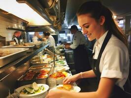 femmina capocuoco crea culinario capolavori nel un' vivace cucina ai generativo foto