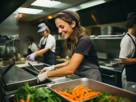 femmina capocuoco crea culinario capolavori nel un' vivace cucina ai generativo foto