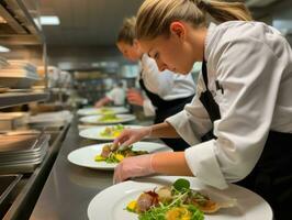 femmina capocuoco crea culinario capolavori nel un' vivace cucina ai generativo foto