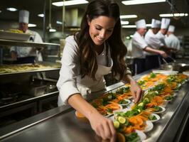 femmina capocuoco crea culinario capolavori nel un' vivace cucina ai generativo foto