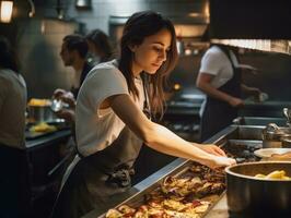 femmina capocuoco crea culinario capolavori nel un' vivace cucina ai generativo foto