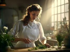 femmina capocuoco crea culinario capolavori nel un' vivace cucina ai generativo foto