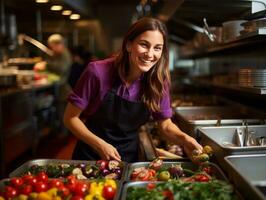 femmina capocuoco crea culinario capolavori nel un' vivace cucina ai generativo foto