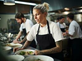 femmina capocuoco crea culinario capolavori nel un' vivace cucina ai generativo foto