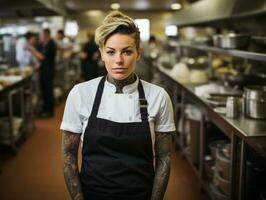 femmina capocuoco crea culinario capolavori nel un' vivace cucina ai generativo foto