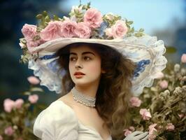 un colorato vecchio fotografia di un' donna a partire dal il presto 1900 ai generativo foto