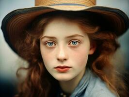 un colorato vecchio fotografia di un' donna a partire dal il presto 1900 ai generativo foto