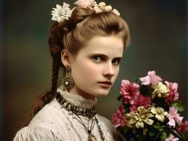 un colorato vecchio fotografia di un' donna a partire dal il presto 1900 ai generativo foto