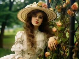 un colorato vecchio fotografia di un' donna a partire dal il presto 1900 ai generativo foto