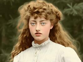 un colorato vecchio fotografia di un' donna a partire dal il presto 1900 ai generativo foto