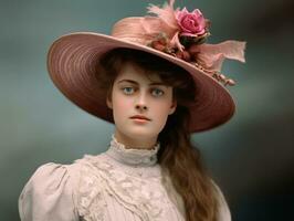 un colorato vecchio fotografia di un' donna a partire dal il presto 1900 ai generativo foto