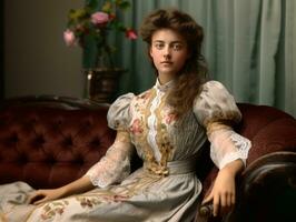 un colorato vecchio fotografia di un' donna a partire dal il presto 1900 ai generativo foto