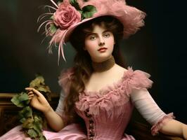 un colorato vecchio fotografia di un' donna a partire dal il presto 1900 ai generativo foto