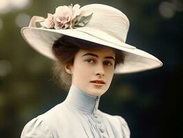 un colorato vecchio fotografia di un' donna a partire dal il presto 1900 ai generativo foto