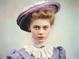 un colorato vecchio fotografia di un' donna a partire dal il presto 1900 ai generativo foto