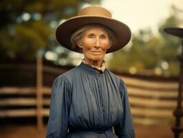 un colorato vecchio fotografia di un' donna a partire dal il presto 1900 ai generativo foto