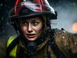 femmina pompiere coraggiosamente battaglie il fuoco ai generativo foto
