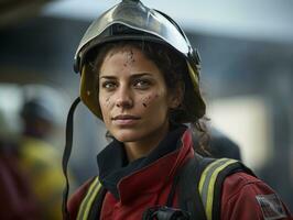 femmina pompiere coraggiosamente battaglie il fuoco ai generativo foto