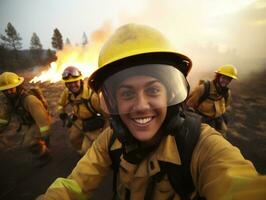 femmina pompiere coraggiosamente battaglie il fuoco ai generativo foto