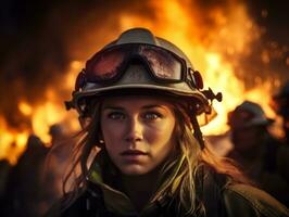 femmina pompiere coraggiosamente battaglie il fuoco ai generativo foto