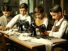 storico colorato foto di un' bambini quotidiano opera nel il 1900 ai generativo